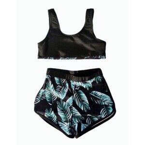 SHEIN Black Fern Leaf 2pc Tankini Swimwear Boy Shorts Bottoms sz 110 (4/5) Girls